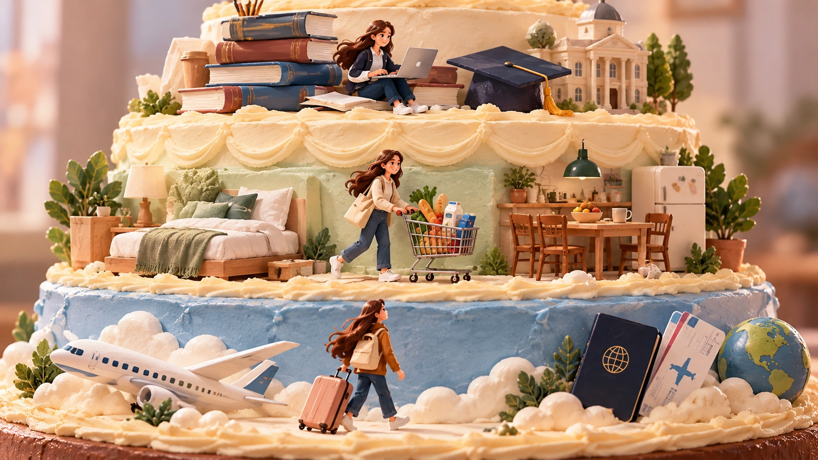 Illustration of a three-tier cake representing the main costs of studying abroad, with the same international student shown as a miniature figure studying, buying groceries, and travelling with luggage.
