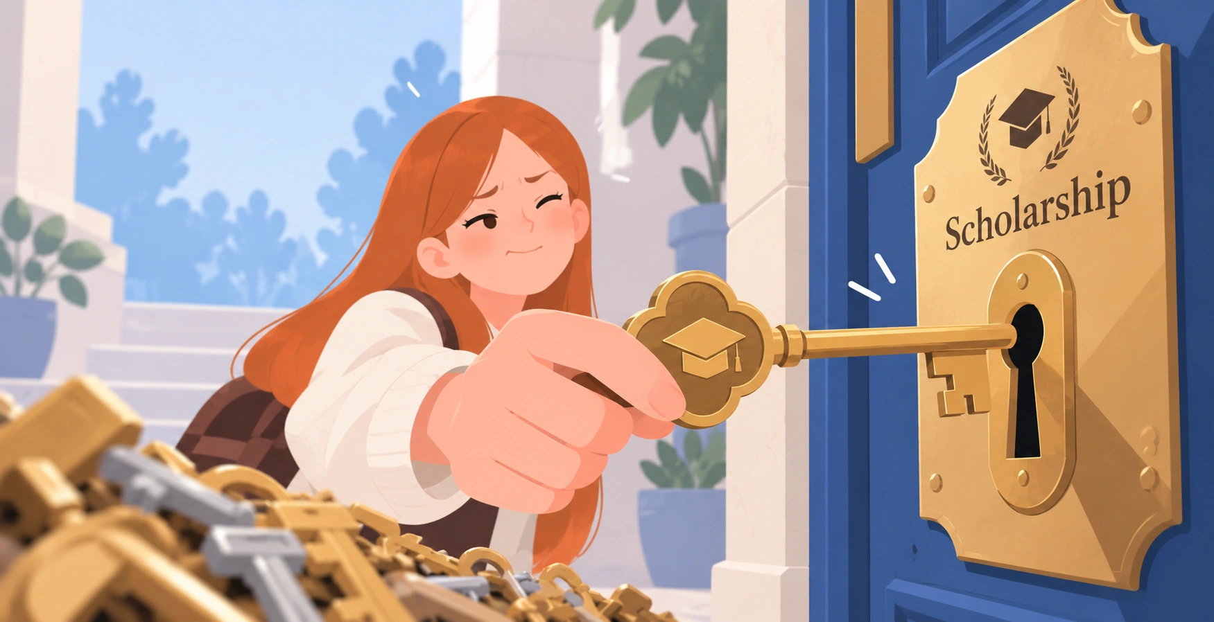 Illustration of an international student trying to unlock a scholarship door with a golden key while a pile of rejected keys lies nearby, representing the different eligibility requirements applicants may need to meet.