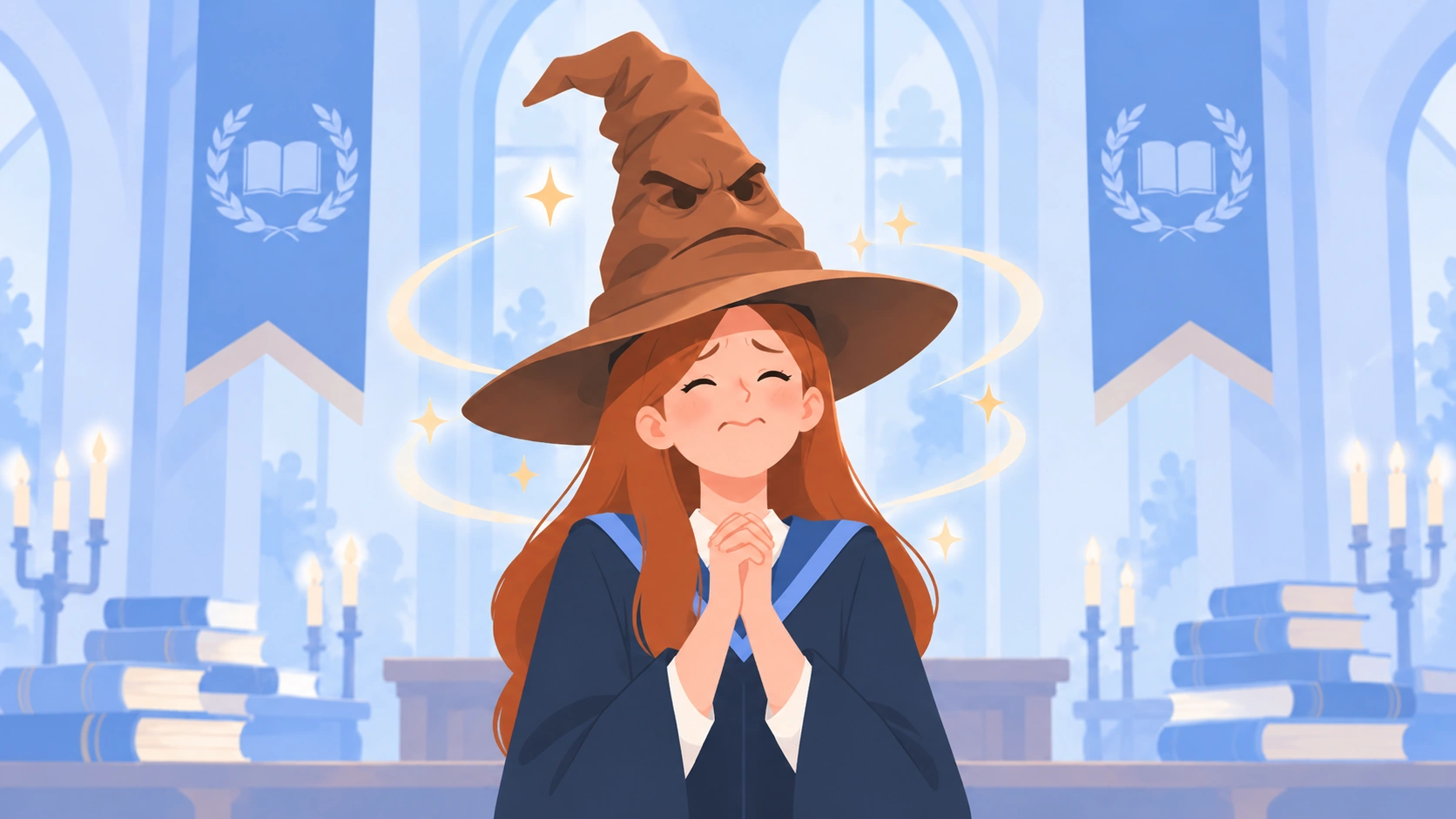Illustration of a worried international student wearing a magical sorting hat while waiting to find out whether her study abroad costs will be covered by a fully funded scholarship.