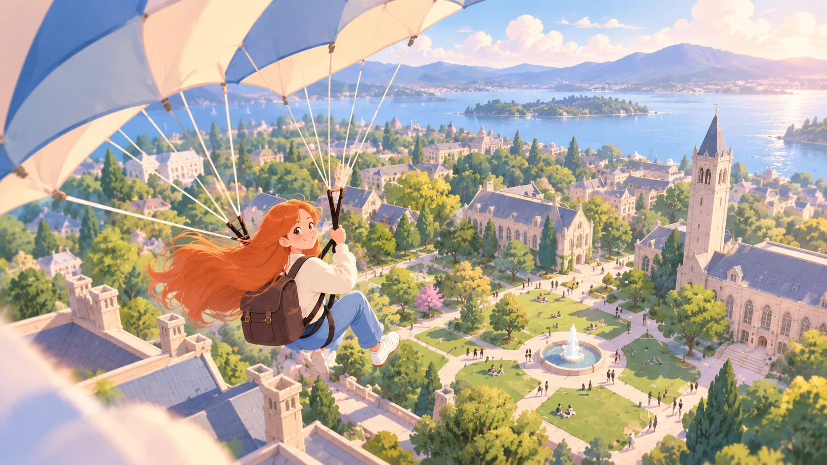 Illustration of an internaIllustration of a red-haired international student descending by parachute toward tional student trying to unlock a scholarship door with a golden key while a pile of rejected keys lies nearby, representing the different eligibility requirements applicants may need to meet.