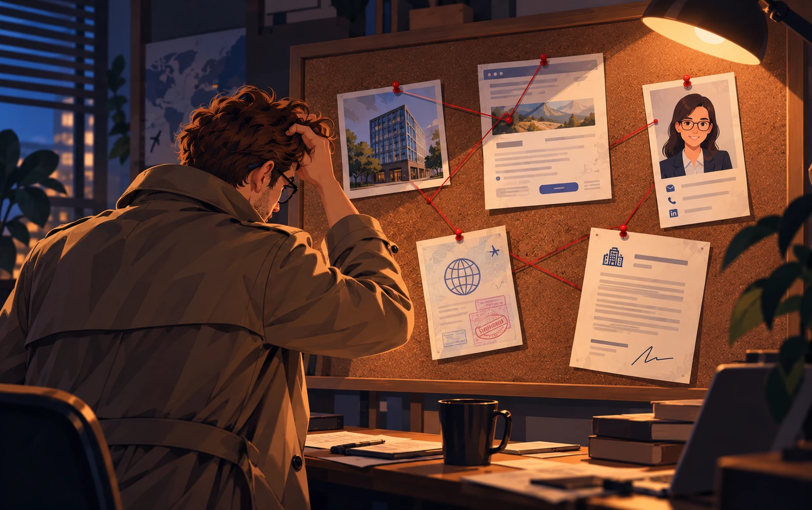 Job seeker investigating an international job offer by checking the company, recruiter, visa and contract.