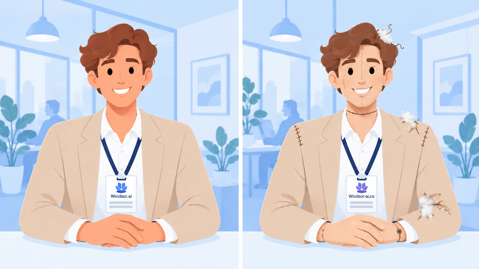 Two nearly identical recruiters, with subtle clues revealing that one is fake.