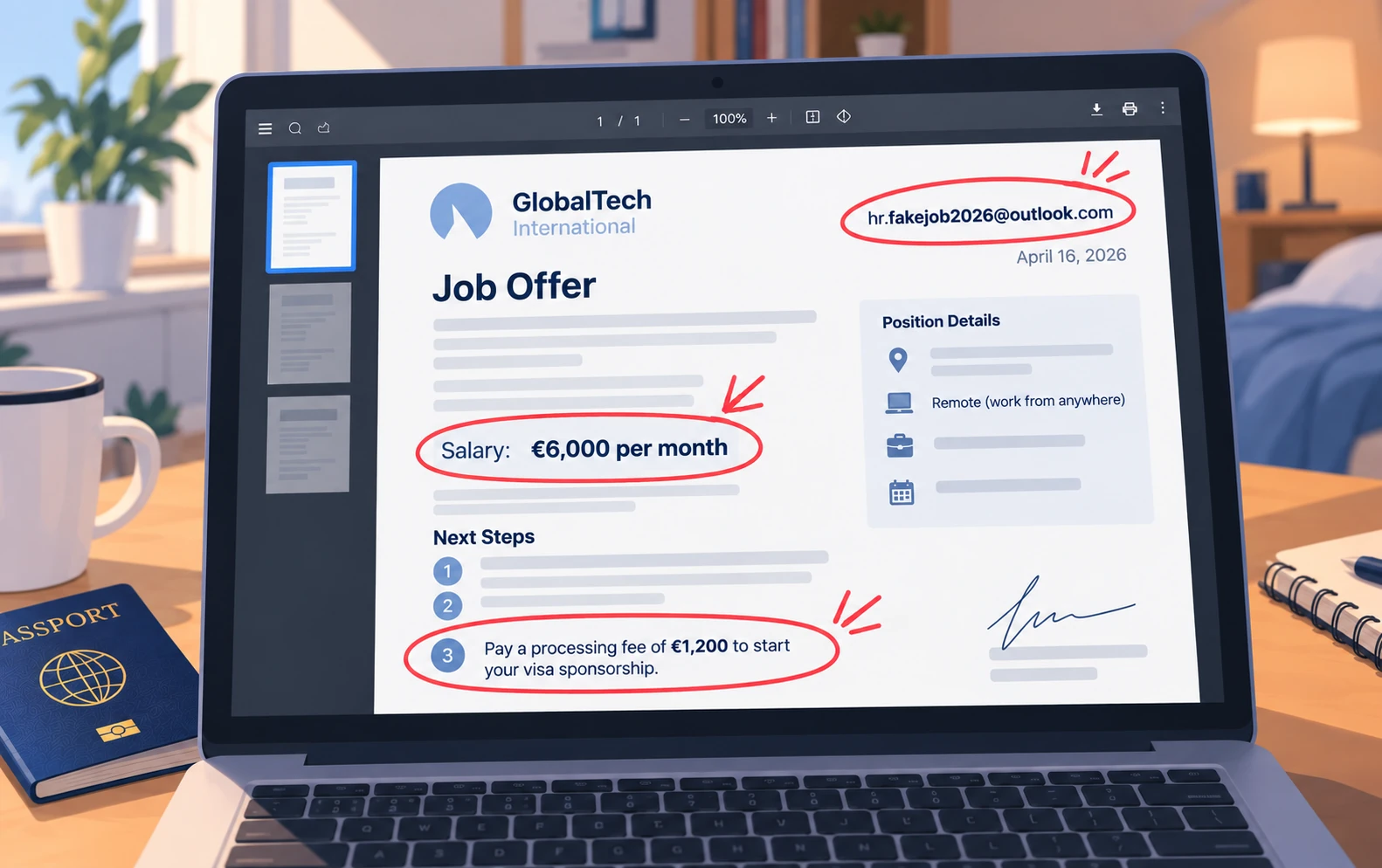Illustration of a suspicious international job offer on a laptop, highlighting a fake recruiter email, an unusually high salary and an upfront visa sponsorship fee.