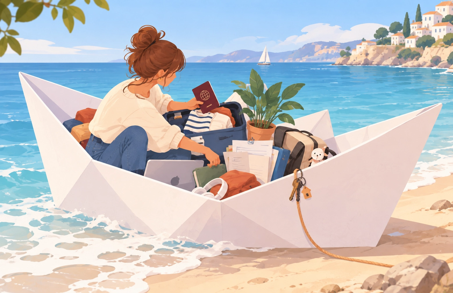 Illustration of a woman sitting inside a giant paper boat on a beach, trying to pack her belongings for an international move after getting her visa.