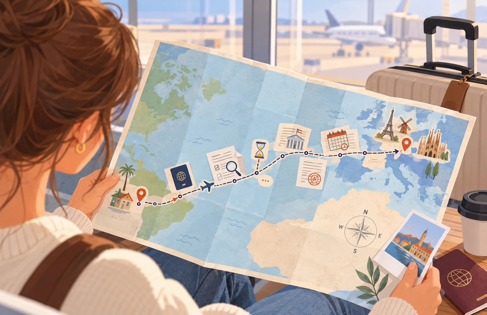Illustration of a woman holding a large map showing a complicated immigration route from Latin America to Europe with documents, checkpoints and travel symbols.