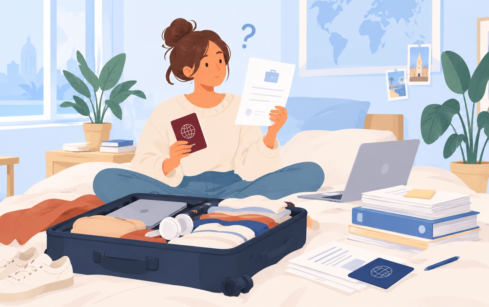 Illustration of a young woman packing a suitcase for a job abroad while looking confused at travel and work documents.